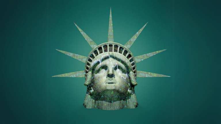 Statue of Liberty head with stock market numbers overlaying