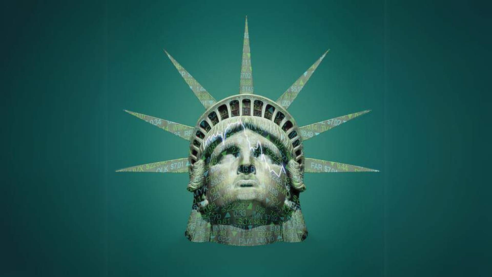 Statue of Liberty head with stock market numbers overlaying