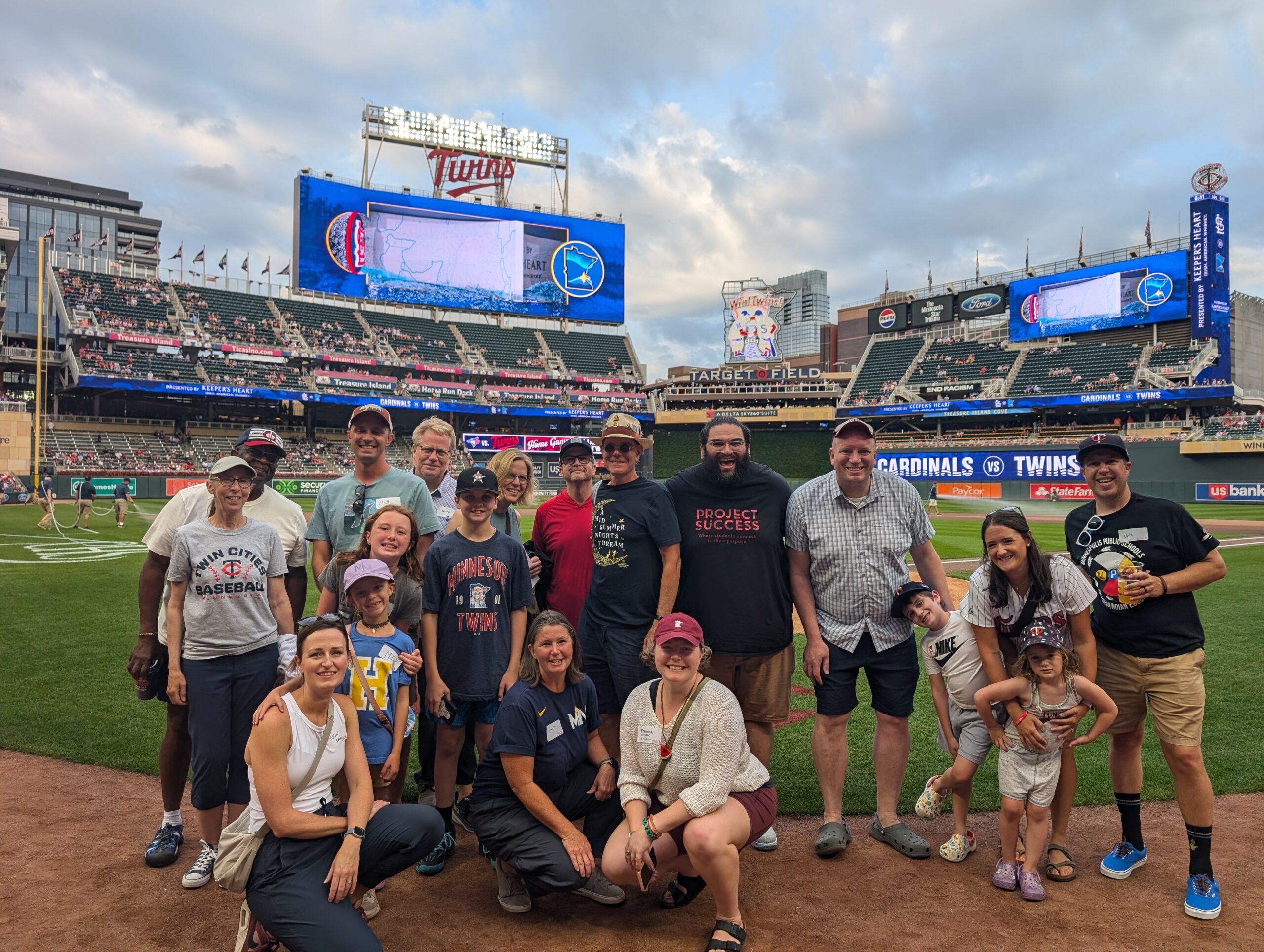 A group of teachers on the field at the Twins game.