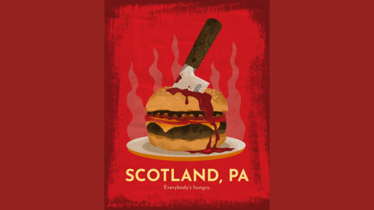 Graphic of a butcher knife going into a burger- promo image for Scotland, PA