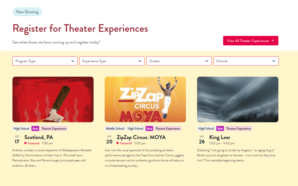 Screenshot of PS Theater Experiences web page