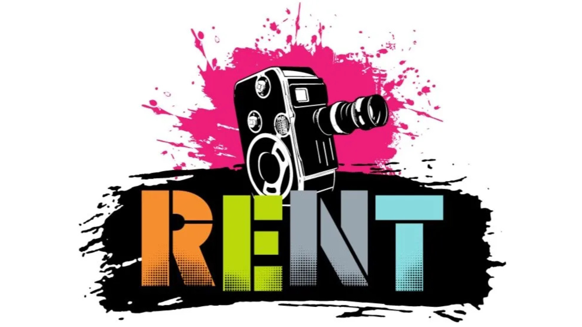 Camcorder above "RENT" promotional poster