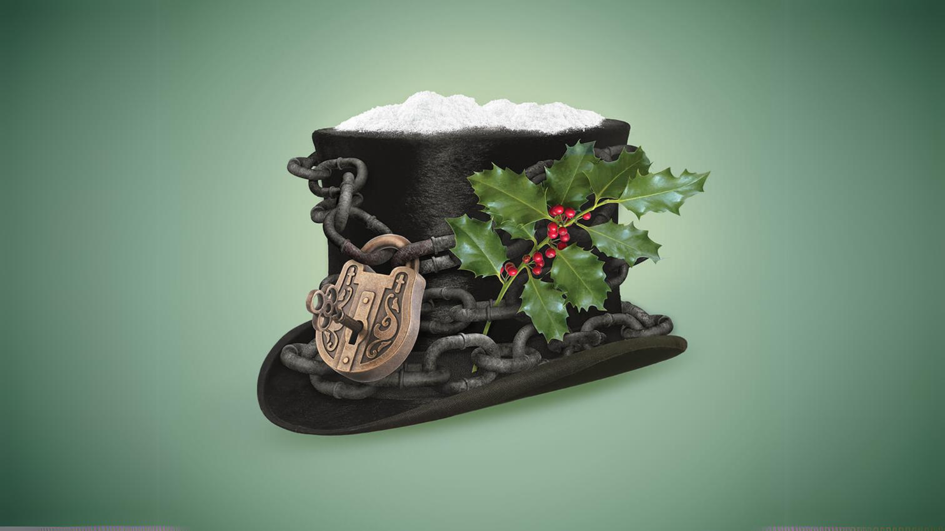 Mr. Scrooge's top hat covered in snow with a sprig of holly and a lock and key